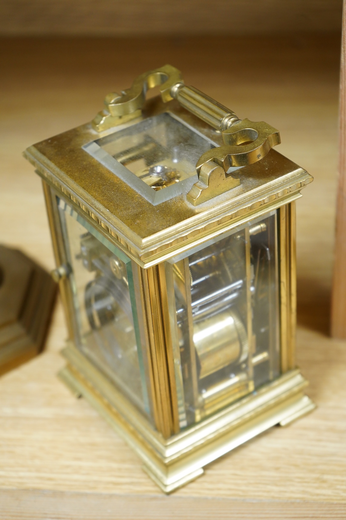 An early 20th century French brass cased carriage clock for the Italian market, with repeat, button missing, no key, 19cm high